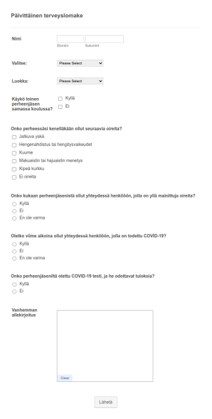 COVID Koulun Päivittäinen Terveyslomake