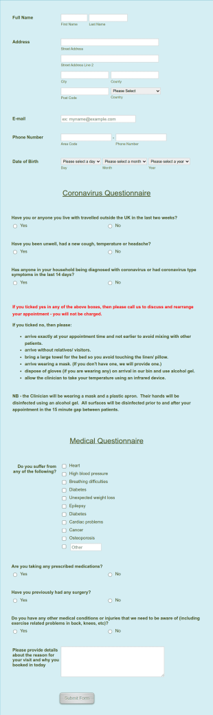 Covid Medical Questionnaire Form Template
