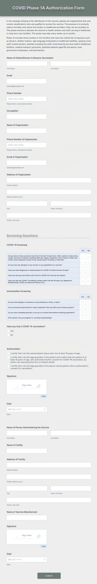 COVID Phase 1A Authorization Form Template
