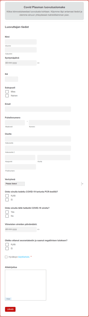COVID Plasman Luovutuslomake