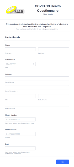 Covid Pre Appointment Questionnaire Form Template