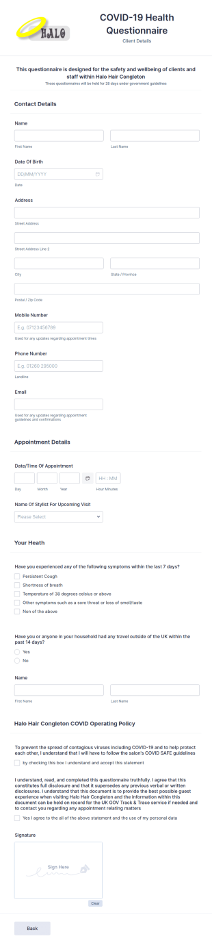 Covid Pre Appointment Questionnaire Form Template