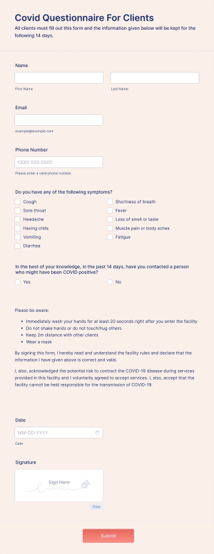 Covid Questionnaire For Clients Form Template