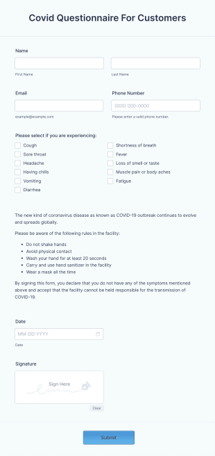 Covid Questionnaire For Customers Form Template