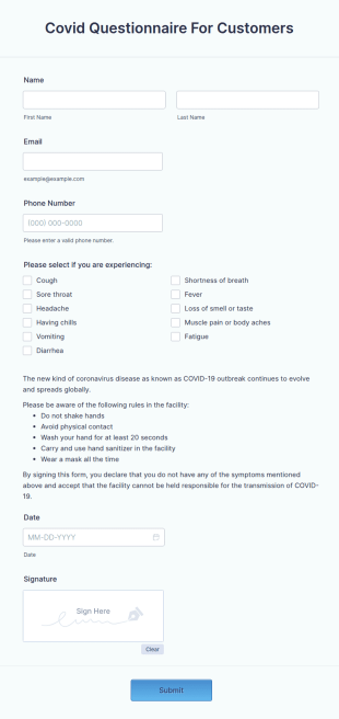 Covid Questionnaire For Customers Form Template