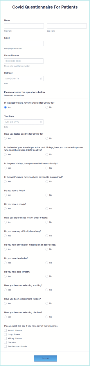 Covid Questionnaire For Patients Form Template