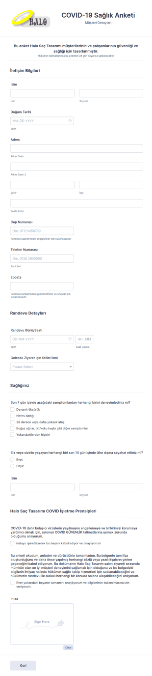 Covid Randevu Öncesi Anket Form Şablonu