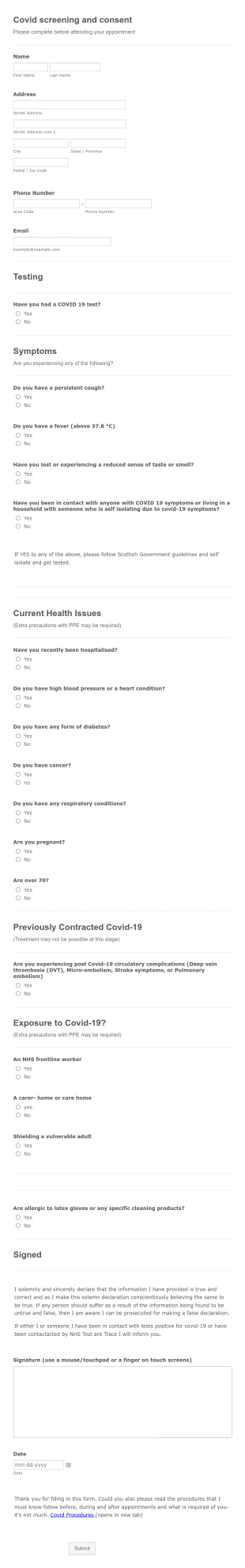 Covid Screening Form Template