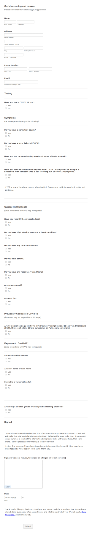 Covid Screening Form Template