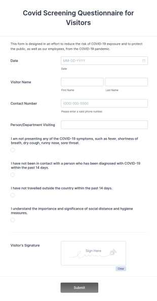 Covid Screening Questionnaire For Visitors Form Template