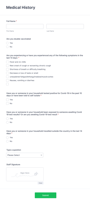 Covid 19 Screening Questionnaire Form Template