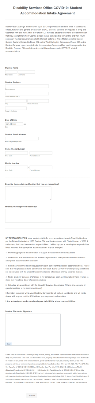 COVID Student Intake Agreement Form Template