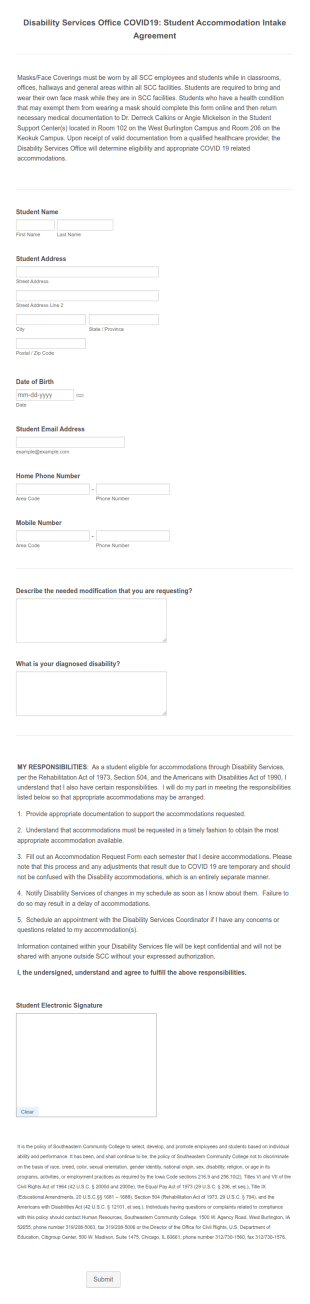 COVID Student Intake Agreement Form Template