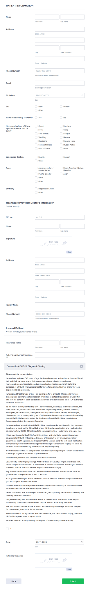 Covid Testing Form Template