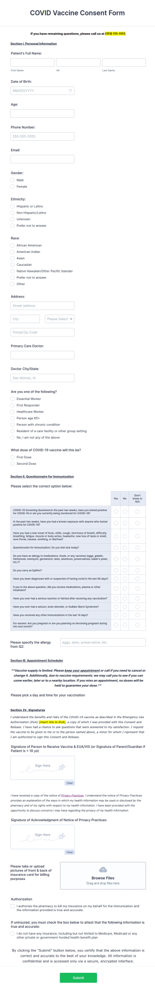 COVID Vaccine Consent Form Template