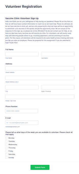 COVID Volunteer Registration Form Template
