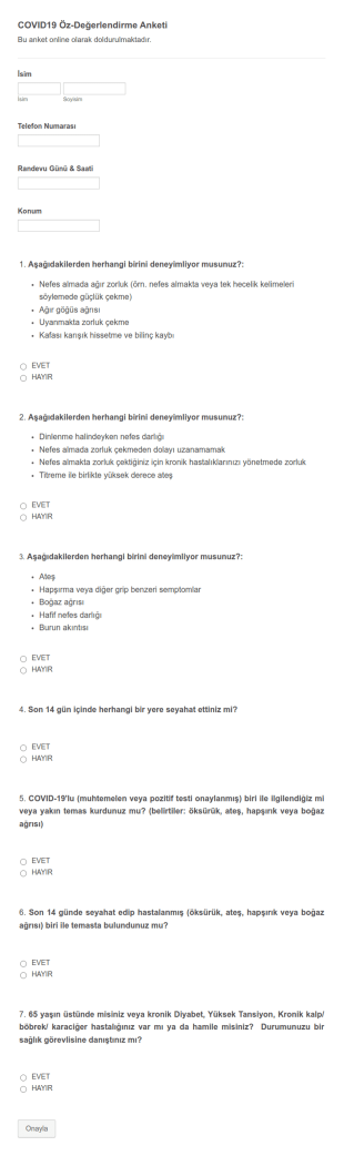 COVID19 Öz Değerlendirme Anketi Form Şablonu