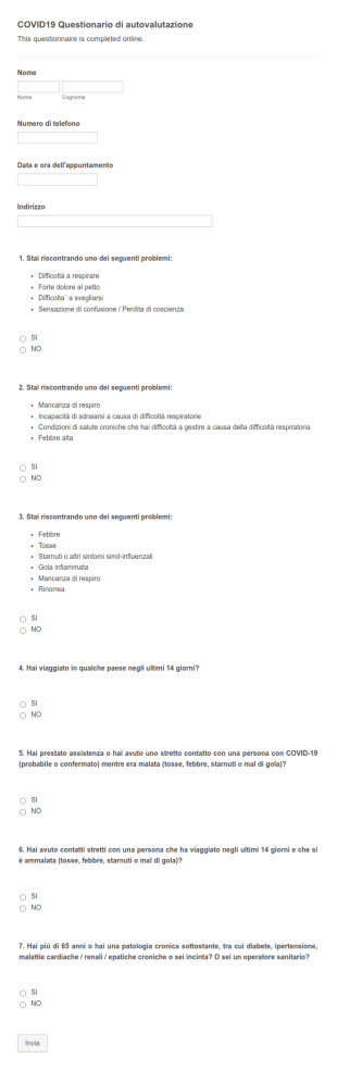 COVID19 Questionario Di Autovalutazione