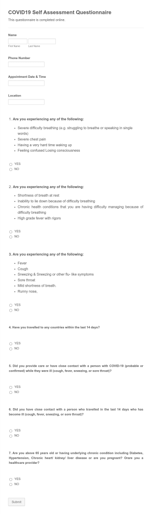 COVID 19 Self Assessment Questionnaire Form Template