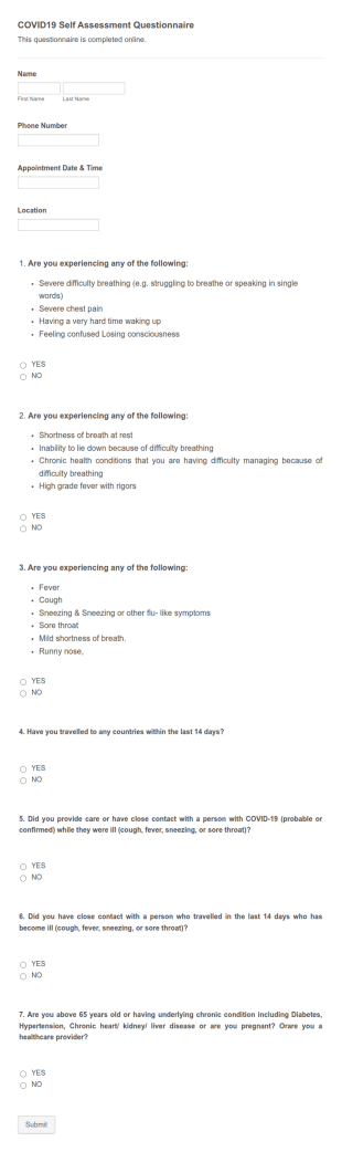 COVID 19 Self Assessment Questionnaire Form Template