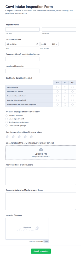 Cowl Intake Inspection Form Template