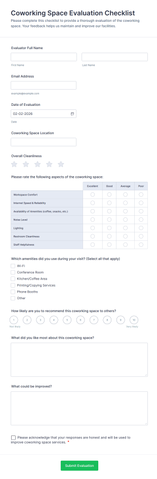 Coworking Space Evaluation Checklist Form Template