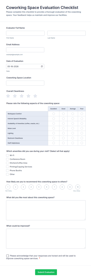 Coworking Space Evaluation Checklist Form Template