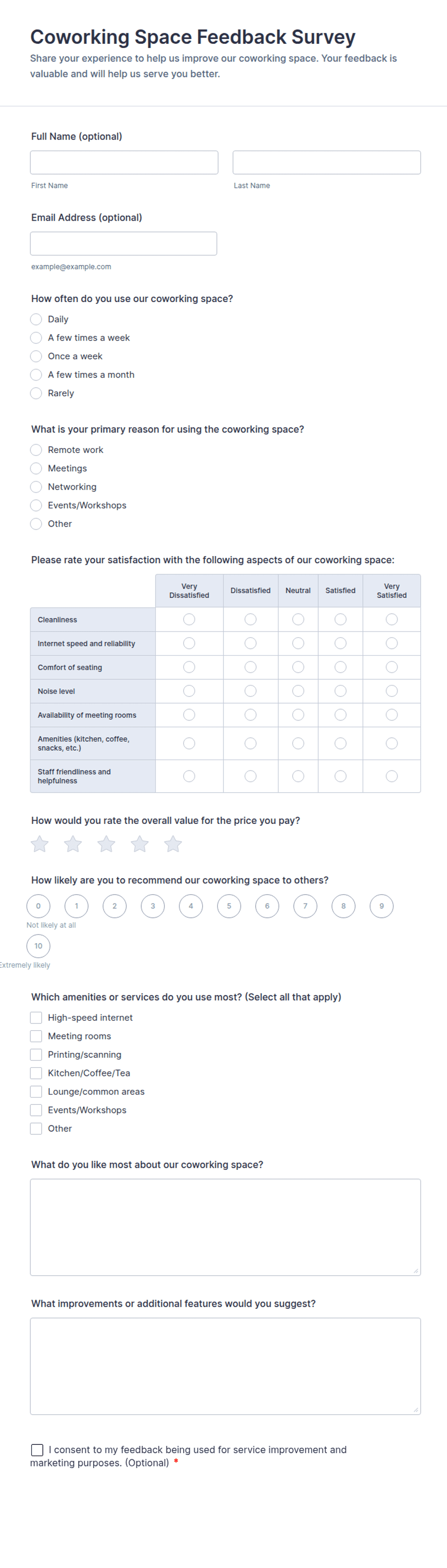Coworking Space Feedback Survey Form Template | Jotform