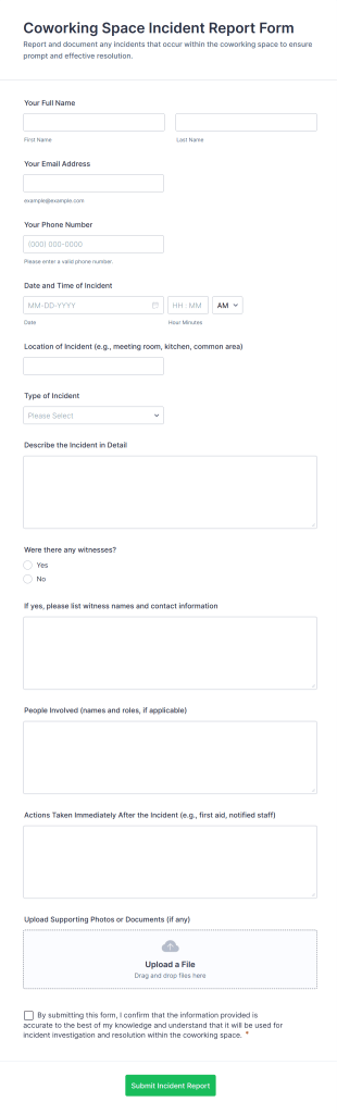 Coworking Space Incident Report Form Template