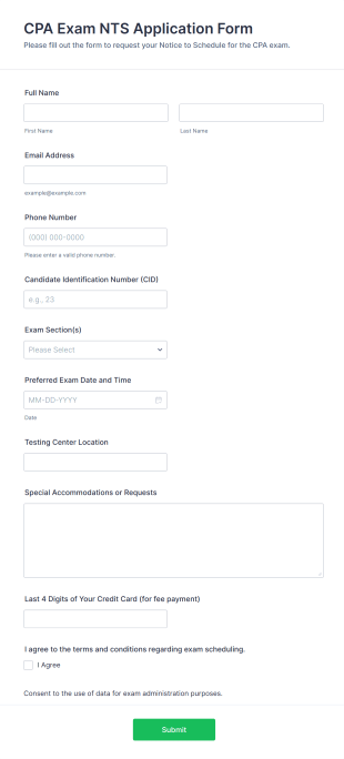 CPA Exam NTS Application Form Template