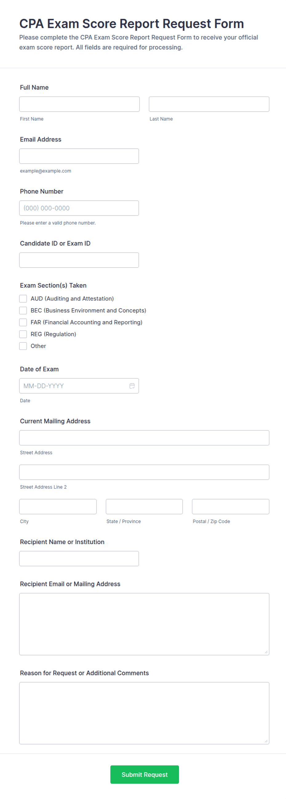 CPA Exam Score Report Request Form Template | Jotform