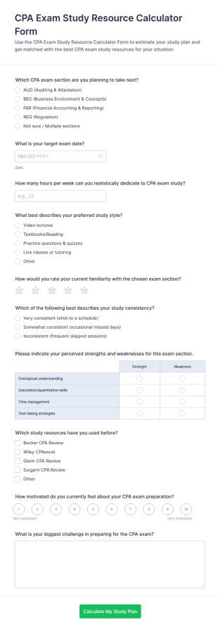 CPA Exam Study Resource Calculator Form Template