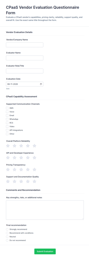 CPaaS Vendor Evaluation Questionnaire Form Template