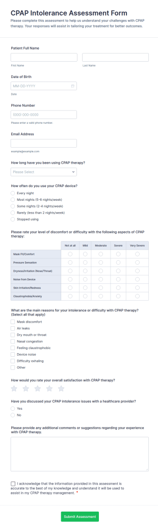 CPAP Intolerance Assessment Form Template