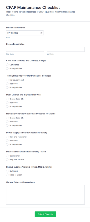 CPAP Maintenance Checklist Form Template