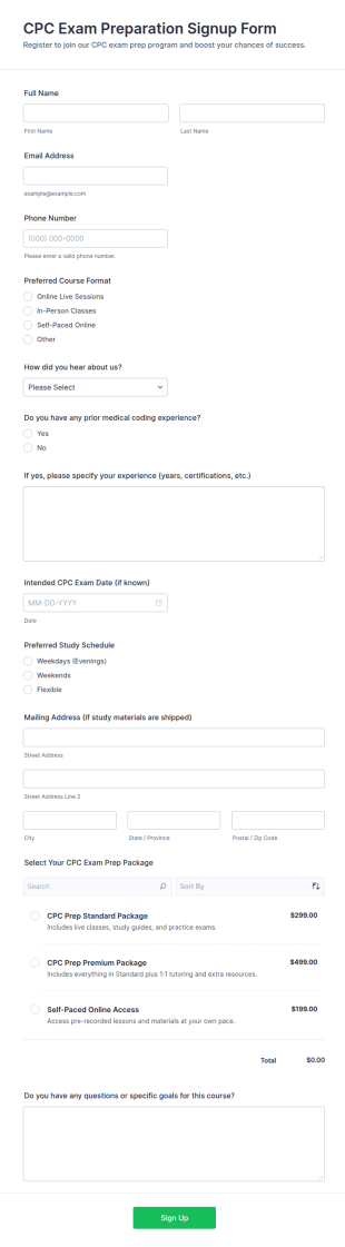 CPC Exam Preparation Signup Form Template