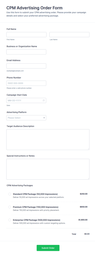 CPM Advertising Order Form Template