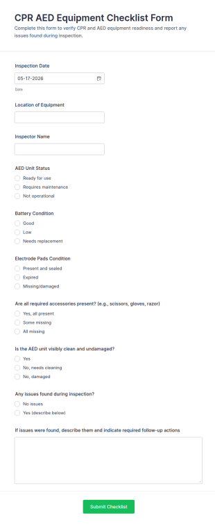 CPR AED Equipment Checklist Form Template
