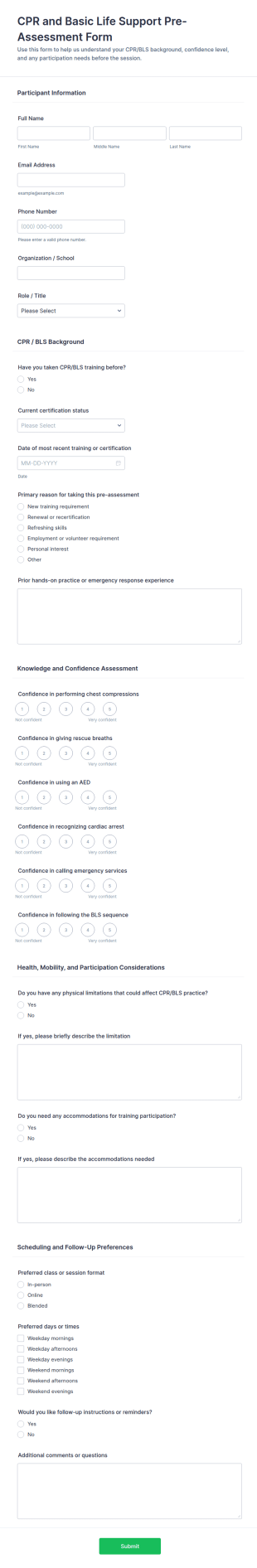 CPR And Basic Life Support Pre Assessment Form Template