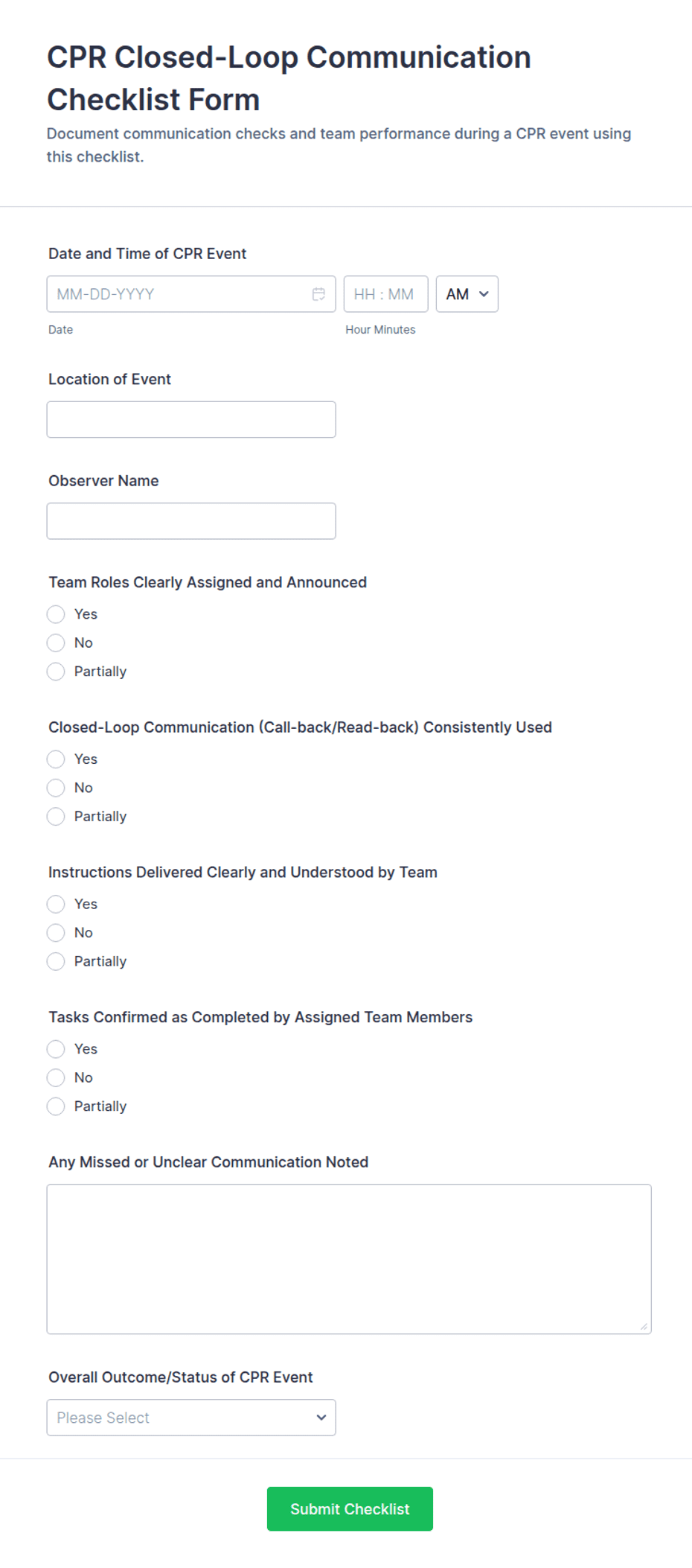 CPR Closed-Loop Communication Checklist Form Template | Jotform