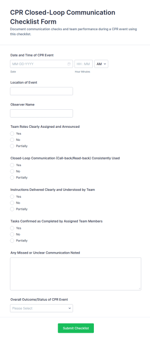 CPR Closed Loop Communication Checklist Form Template