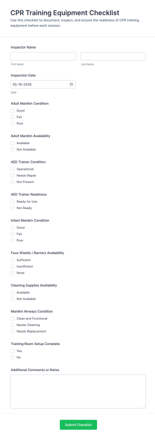 CPR Training Equipment Checklist Form Template