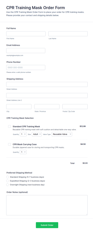 CPR Training Mask Order Form Template