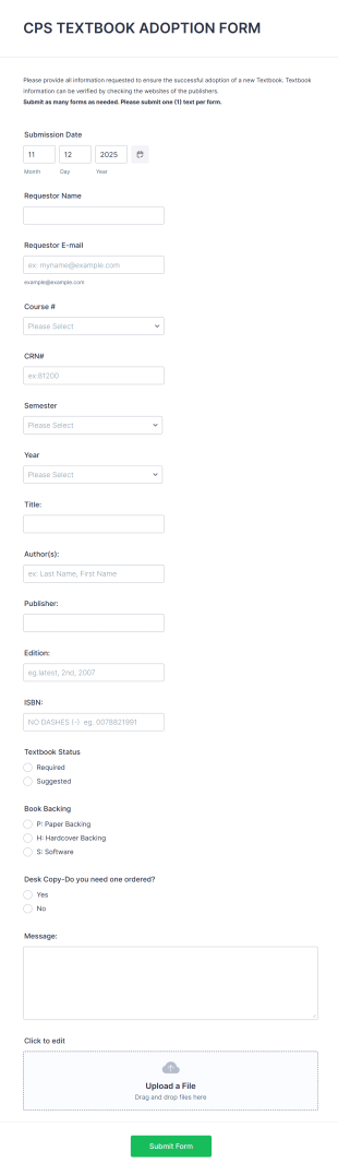 Textbook Adoption Request Form Template