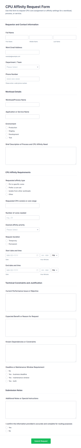 CPU Affinity Request Form Template