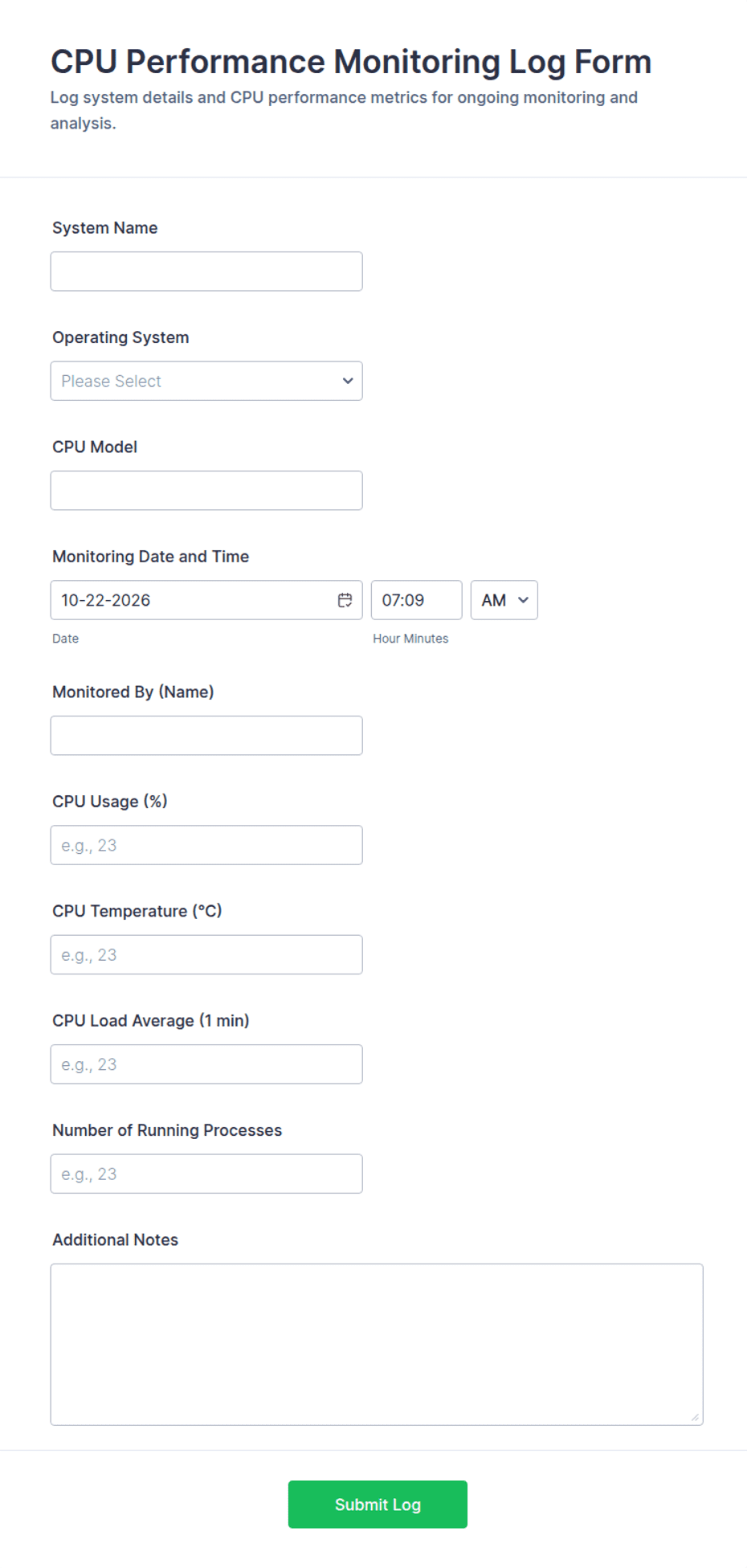 CPU Performance Monitoring Log Form Template | Jotform