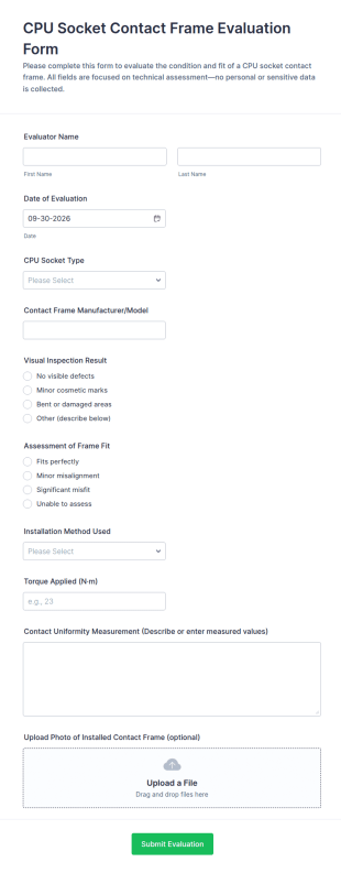 CPU Socket Contact Frame Evaluation Form Template