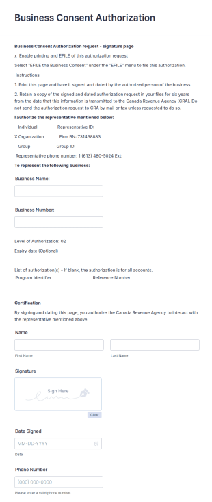 CRA Business Consent Authorization Form Template