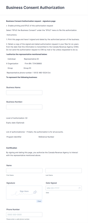 CRA Business Consent Authorization Form Template