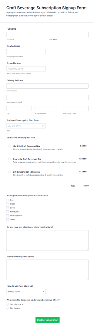 Craft Beverage Subscription Signup Form Template